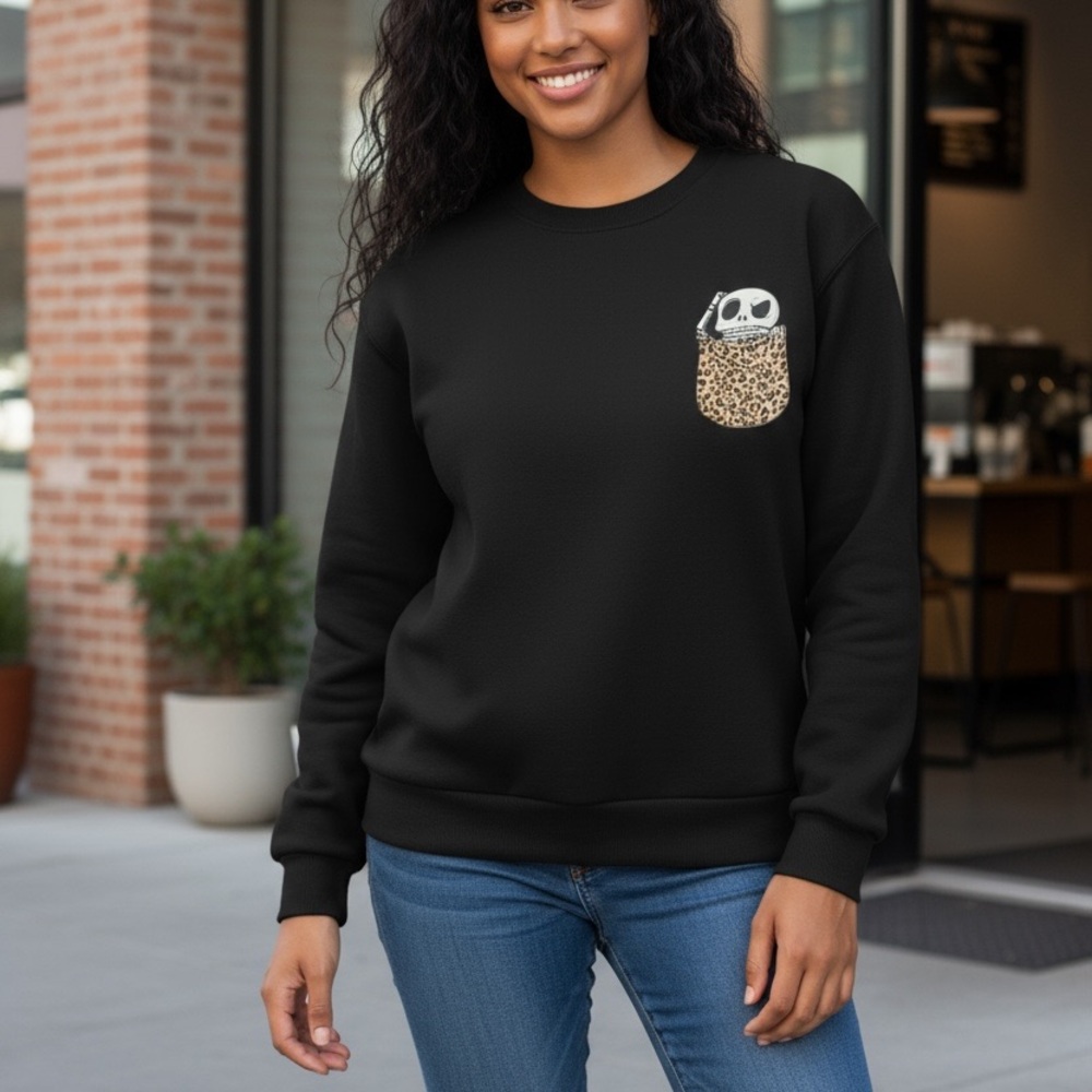 Black SHEIN Sweatshirt – Skull & Leopard Print Pocket, Size Small